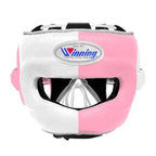 Winning white and pink split boxing set with face bar headgear, lace-up gloves and groin guard - side view