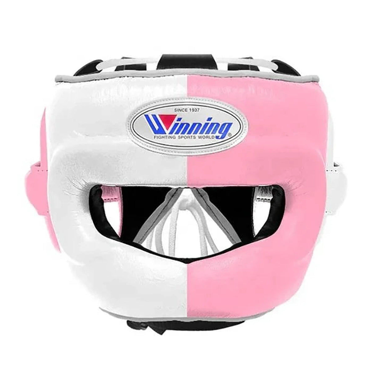 Winning white and pink split boxing set with face bar headgear, lace-up gloves and groin guard - side view