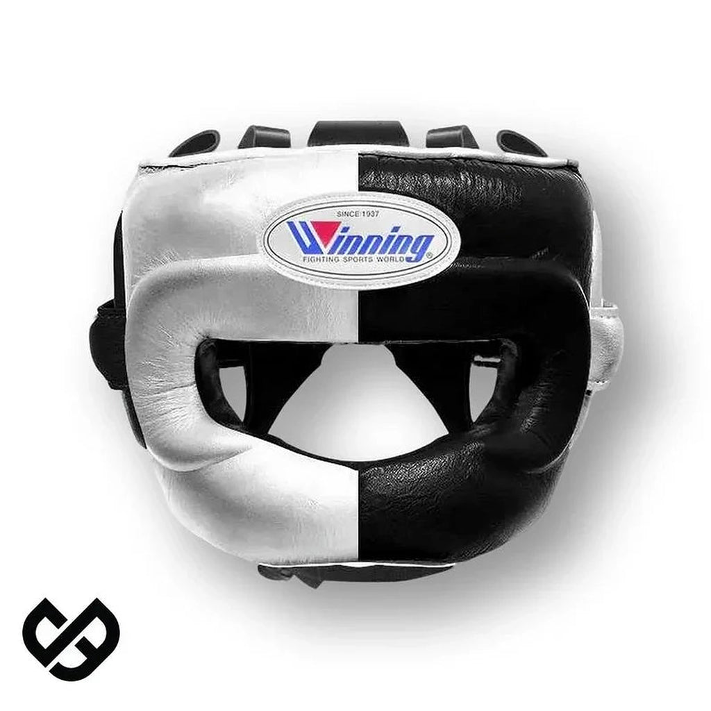 Winning silver and black split boxing set with face bar headgear, lace-up gloves and groin guard - side view