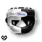 Winning silver and black split boxing set with face bar headgear, lace-up gloves and groin guard - side view