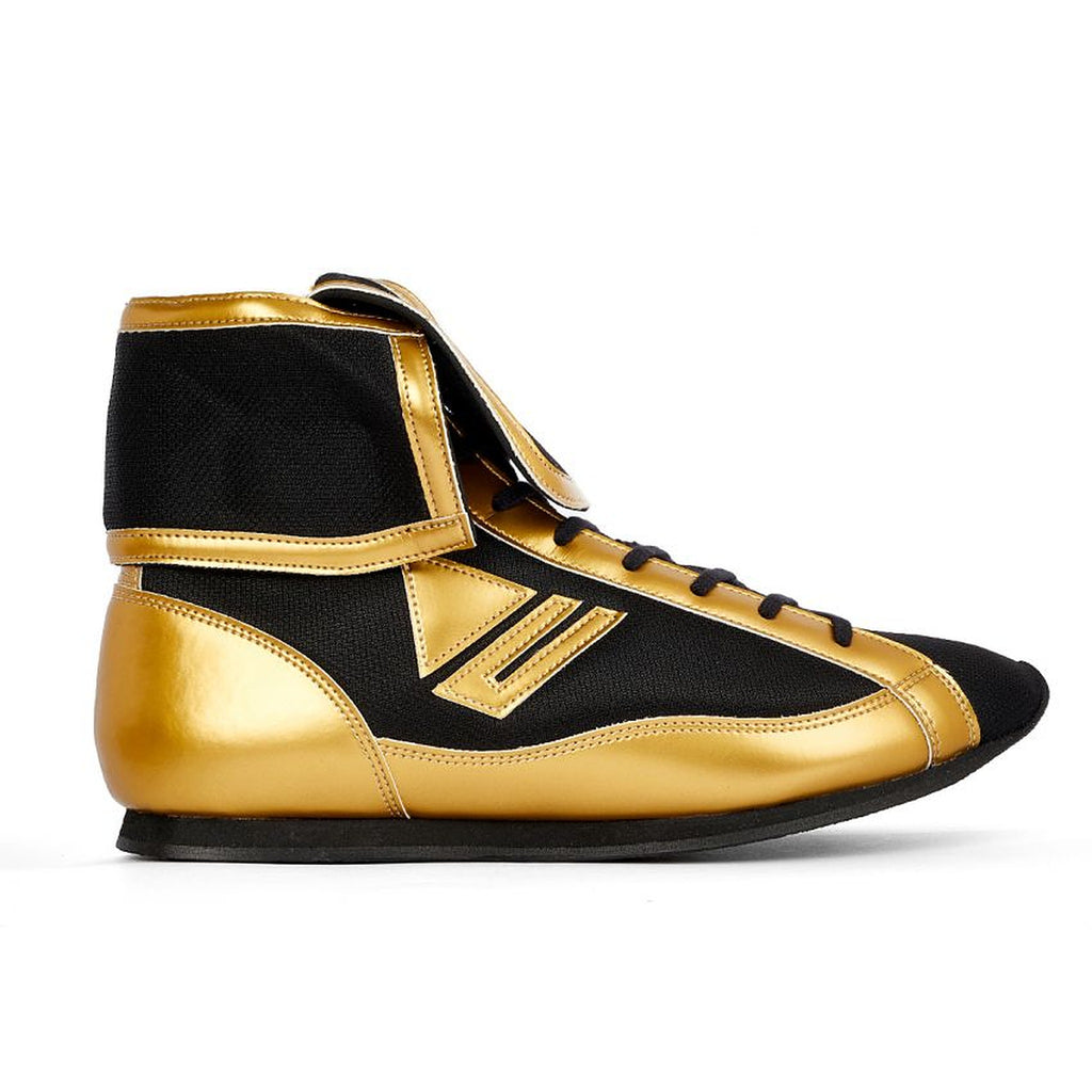 Winning RS-003 Mid-Cut side view with black mesh upper over metallic gold leather lower