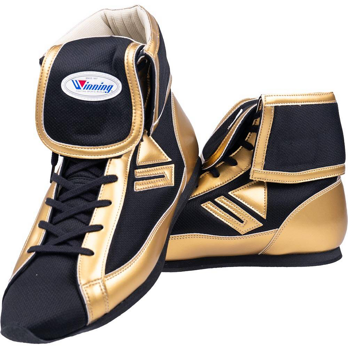 Winning Mid-Cut FOLD Type boxing shoes in black and metallic gold with fold-over ankle collar flap