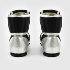 Winning RS-100 boxing shoe side view with silver-white lower panel beneath the black mesh