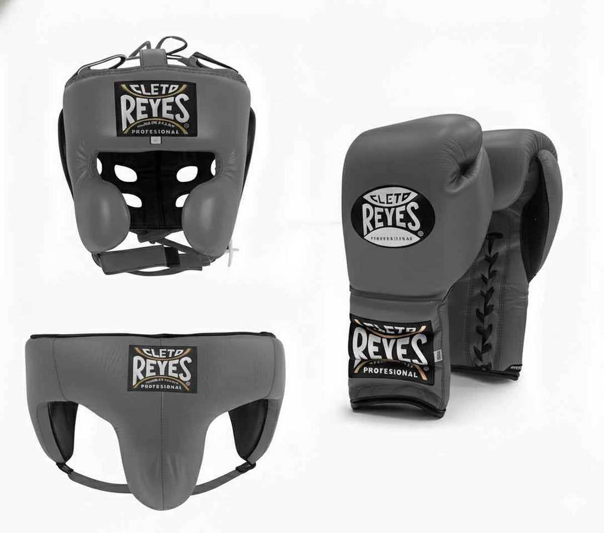 Cleto Reyes dark slate gray boxing set with lace-up gloves, cheek-protector headgear and groin guard