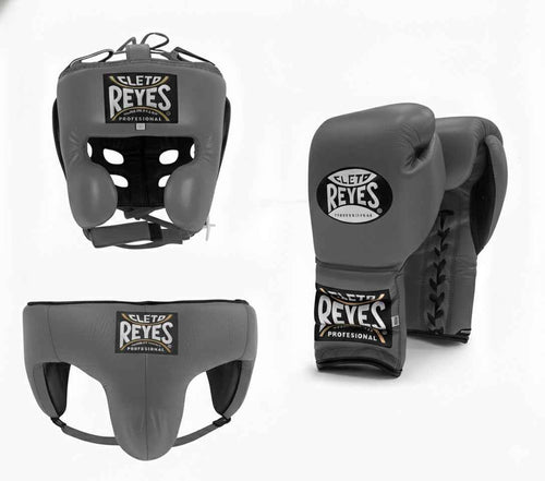 Cleto Reyes dark slate gray boxing set with lace-up gloves, cheek-protector headgear and groin guard