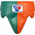 Winning green and orange split groin guard with wide waistband and padded cup, front view