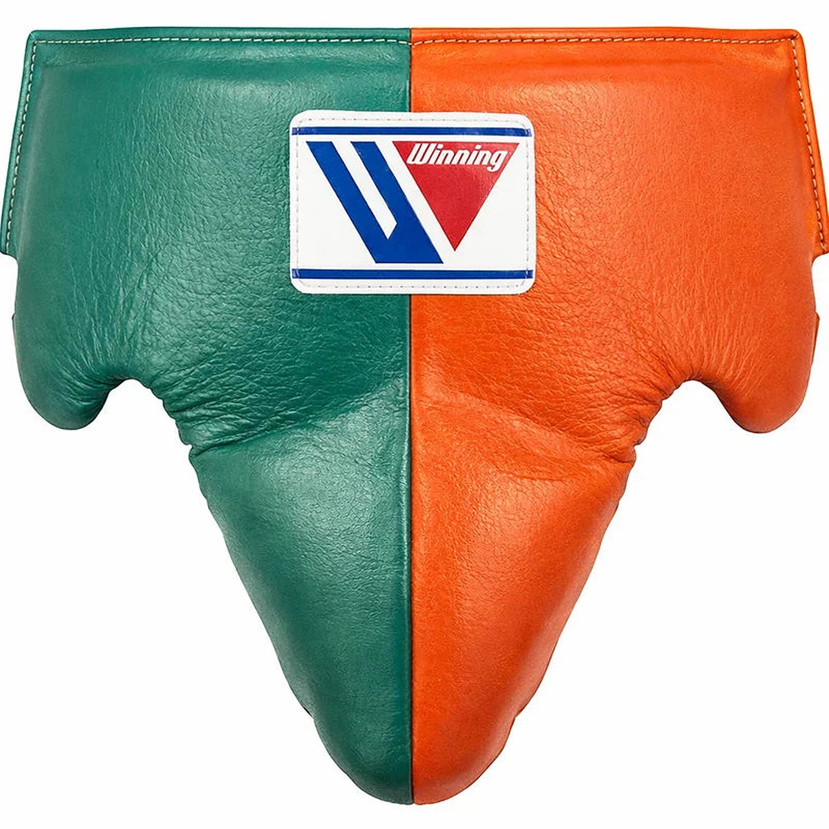Winning green and orange split groin guard with wide waistband and padded cup, front view