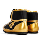 Winning RS-003 boxing shoes with gold leather lower panels and black fold-over collar
