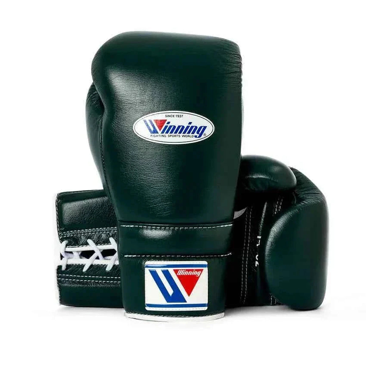 Winning MS-600 solid dark green boxing gloves with white laces