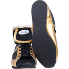 Winning FOLD Type black and gold boxing shoes showing the black rubber sole and folded collar