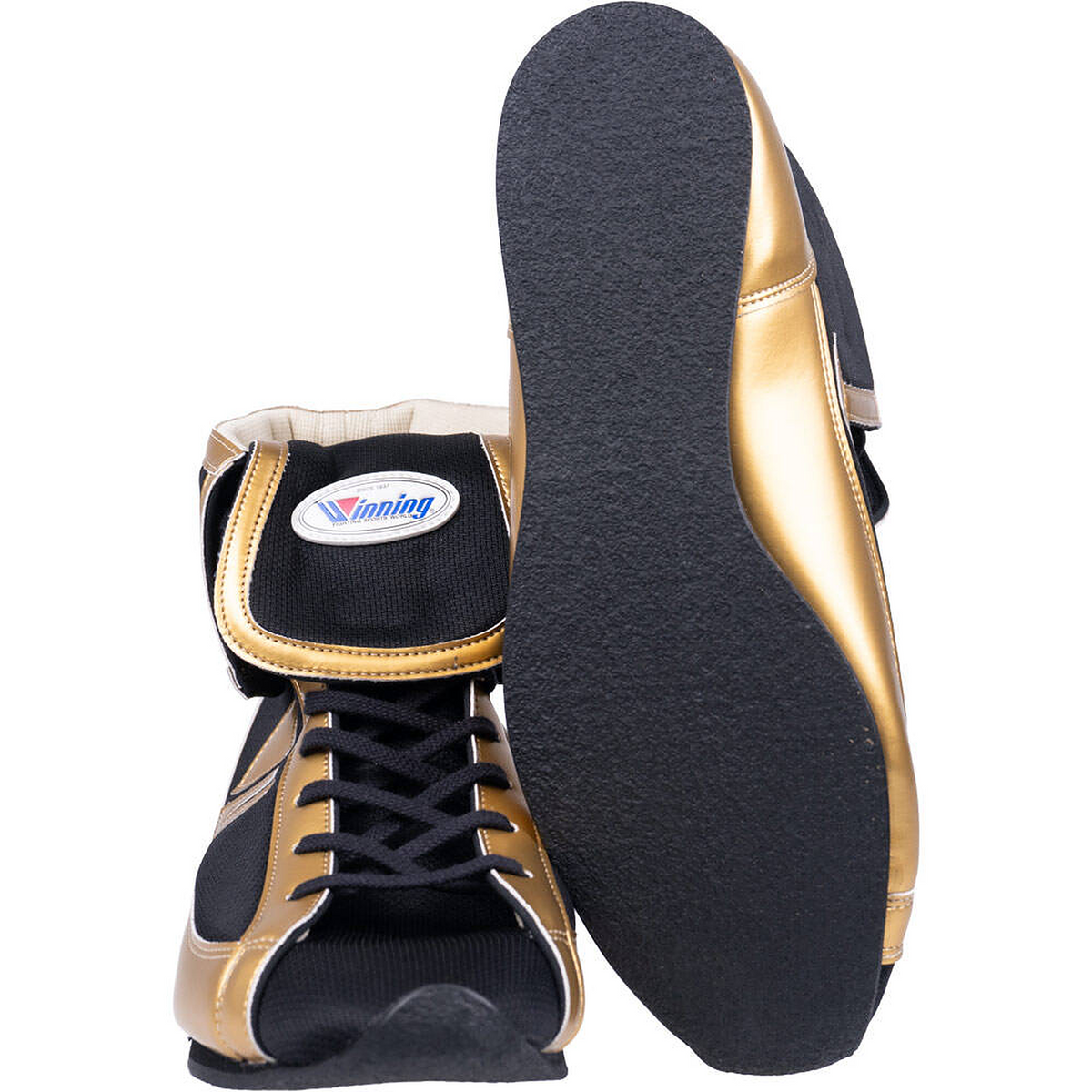 Winning FOLD Type black and gold boxing shoes showing the black rubber sole and folded collar