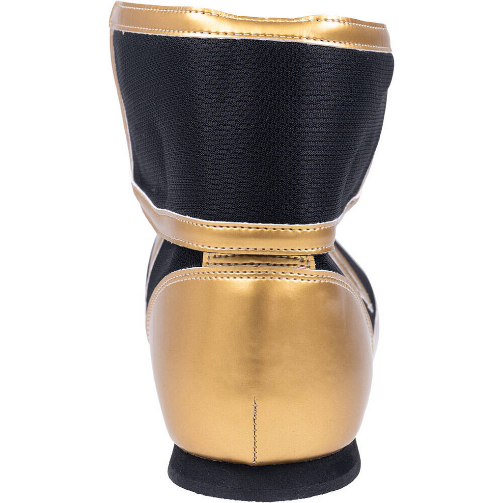 Rear view of the Winning FOLD Type boxing shoe showing the metallic gold leather heel