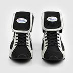 Winning RS-100 black and white boxing shoe showing the black fold-over collar and oval patch