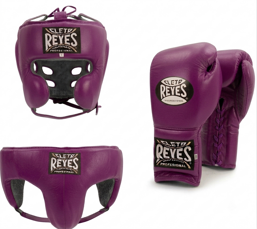 Cleto Reyes deep magenta-purple boxing set with lace-up gloves, cheek-protector headgear and groin guard