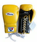 Winning lace-up boxing glove with bright yellow leather back and black palm, laced at the wrist