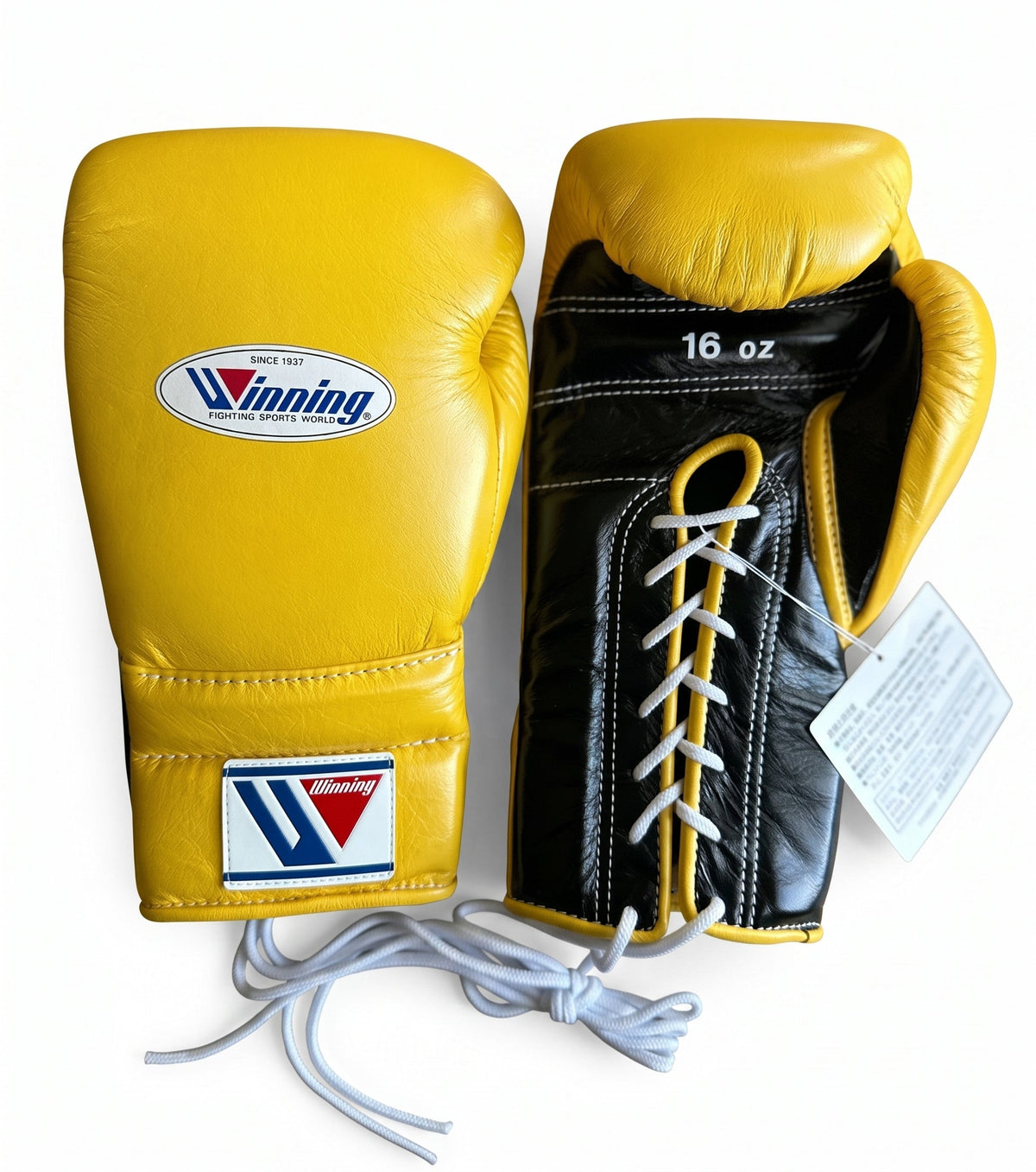 Winning lace-up boxing glove with bright yellow leather back and black palm, laced at the wrist