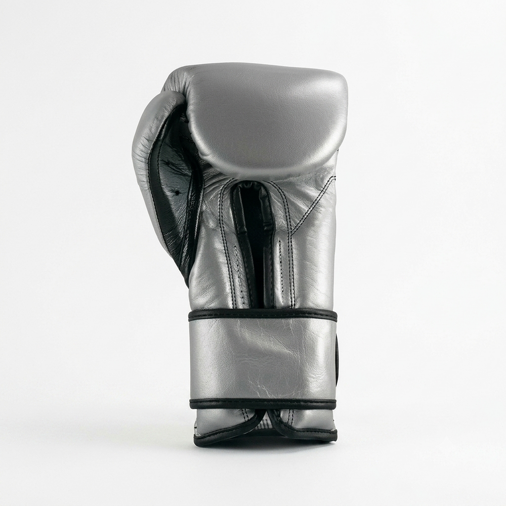 Single Cleto Reyes metallic silver boxing glove with black trim and black strap, side view