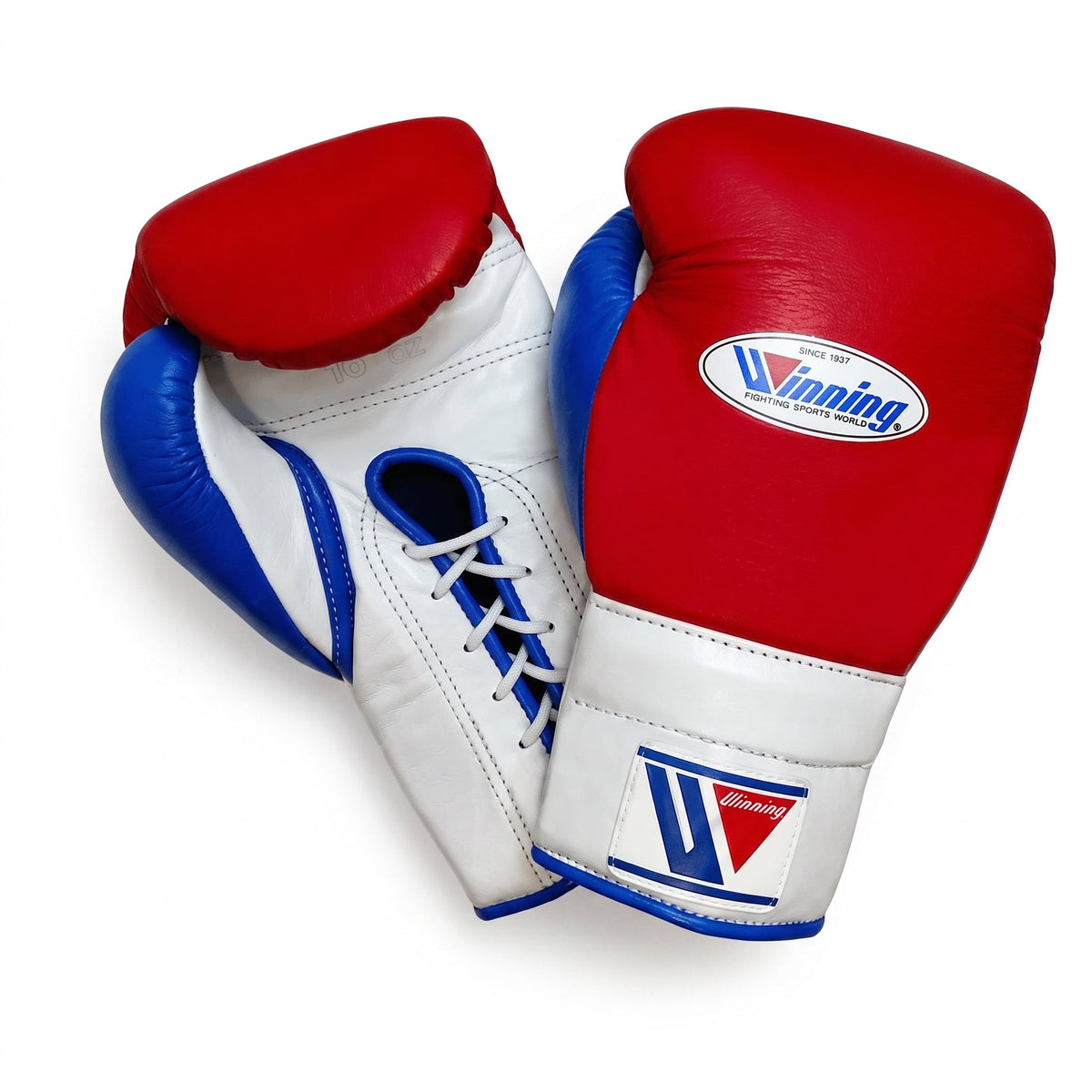 Winning Velcro boxing glove with red back, white palm and royal blue thumb matching the W triangle logo