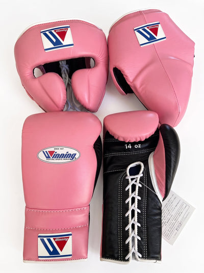 Winning Pink Sparring Set with Black Palm Gloves and Headgear