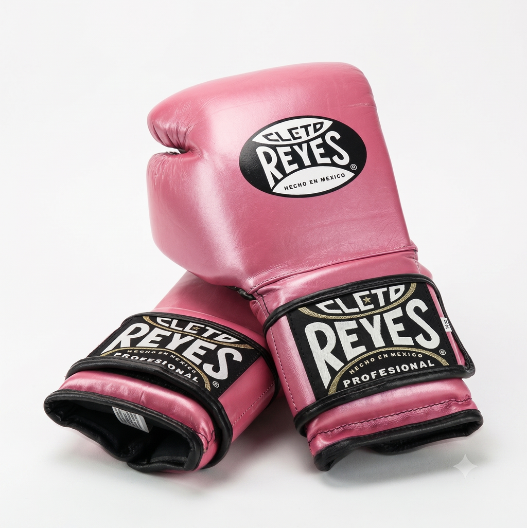Cleto Reyes glossy pink boxing gloves side by side showing brand patches on the back of the hand