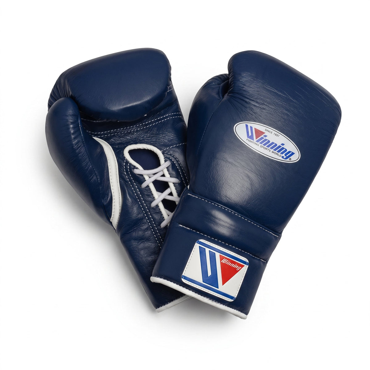 Winning solid navy lace-up boxing gloves with white laces and red, white and blue W logo