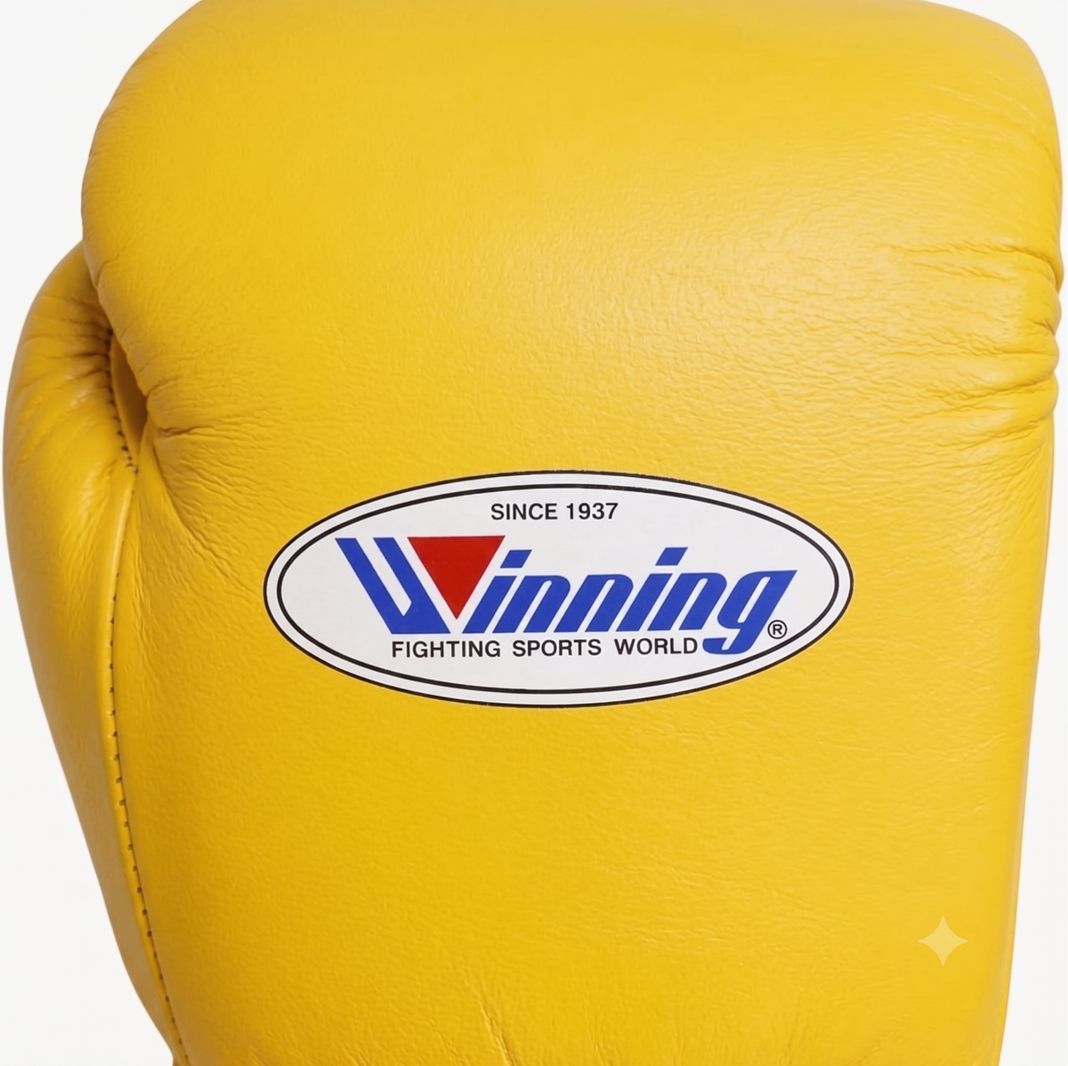 Winning lace-up boxing glove in full bright yellow leather with matching laces and W logo - palm and closure detail