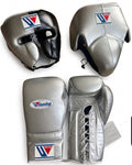 Winning metallic silver lace-up boxing gloves and groin guard with black headgear in a 3-piece set