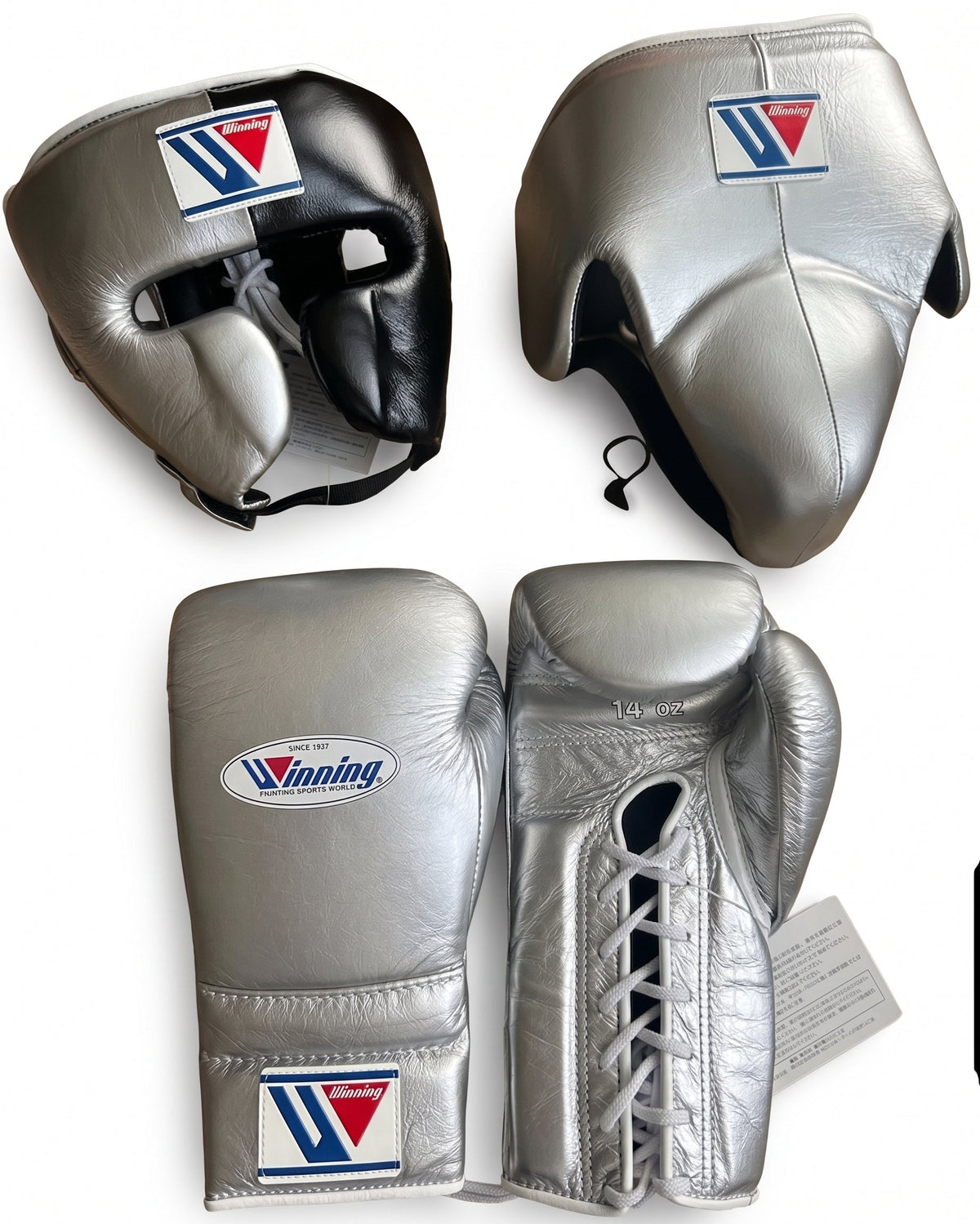 Winning metallic silver lace-up boxing gloves and groin guard with black headgear in a 3-piece set