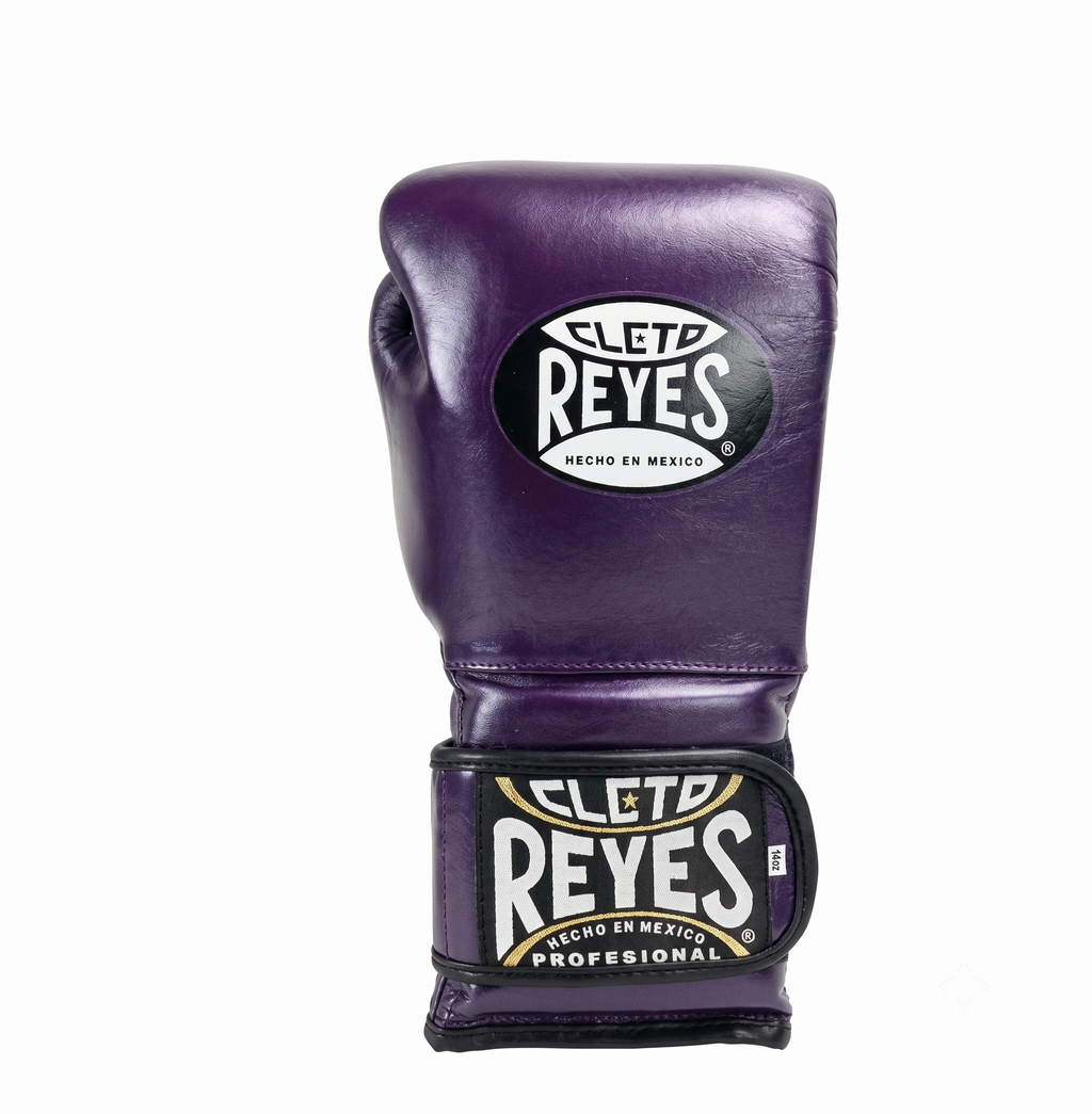 Single Cleto Reyes metallic purple leather boxing glove with brand logo on the black wrist strap
