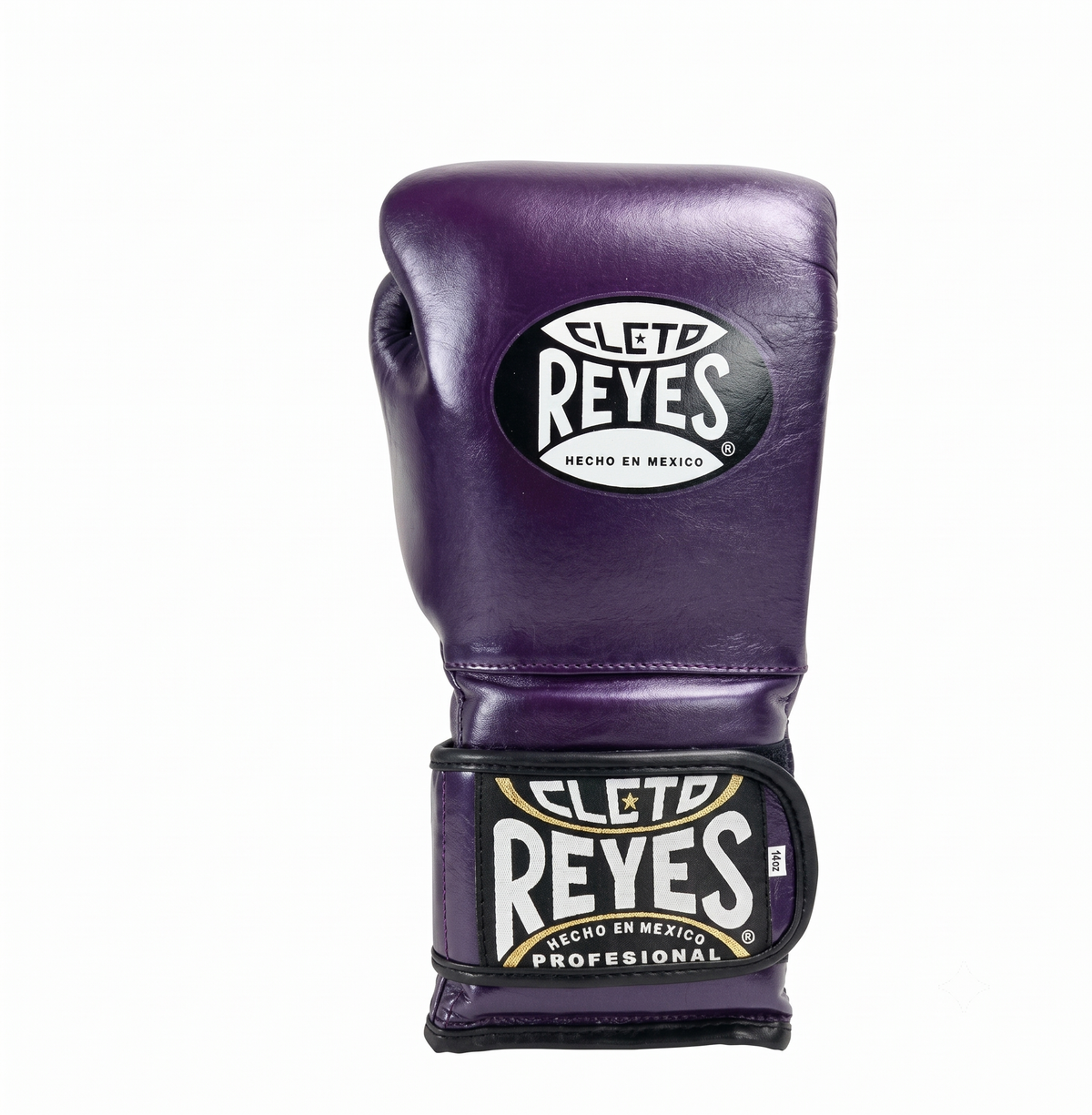 Single Cleto Reyes metallic purple leather boxing glove with brand logo on the black wrist strap