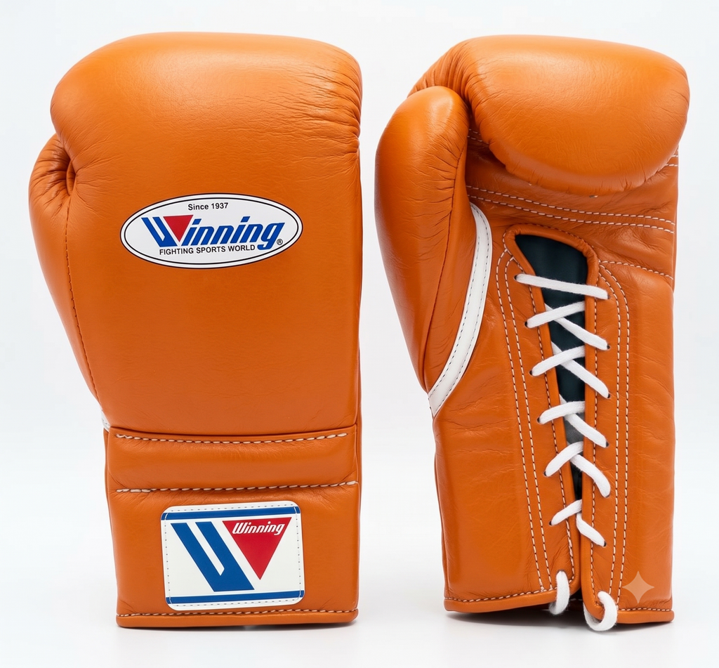 Winning MS-600 lace-up boxing glove in full orange leather with the red, white and blue W triangle logo
