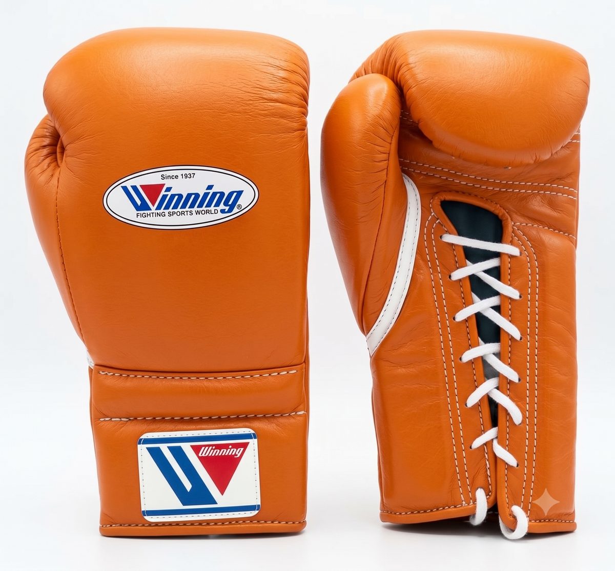 Winning MS-600 lace-up boxing glove in full orange leather with the red, white and blue W triangle logo