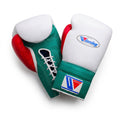 Winning lace-up boxing glove with white back, green cuff and red inner thumb in a tricolor layout