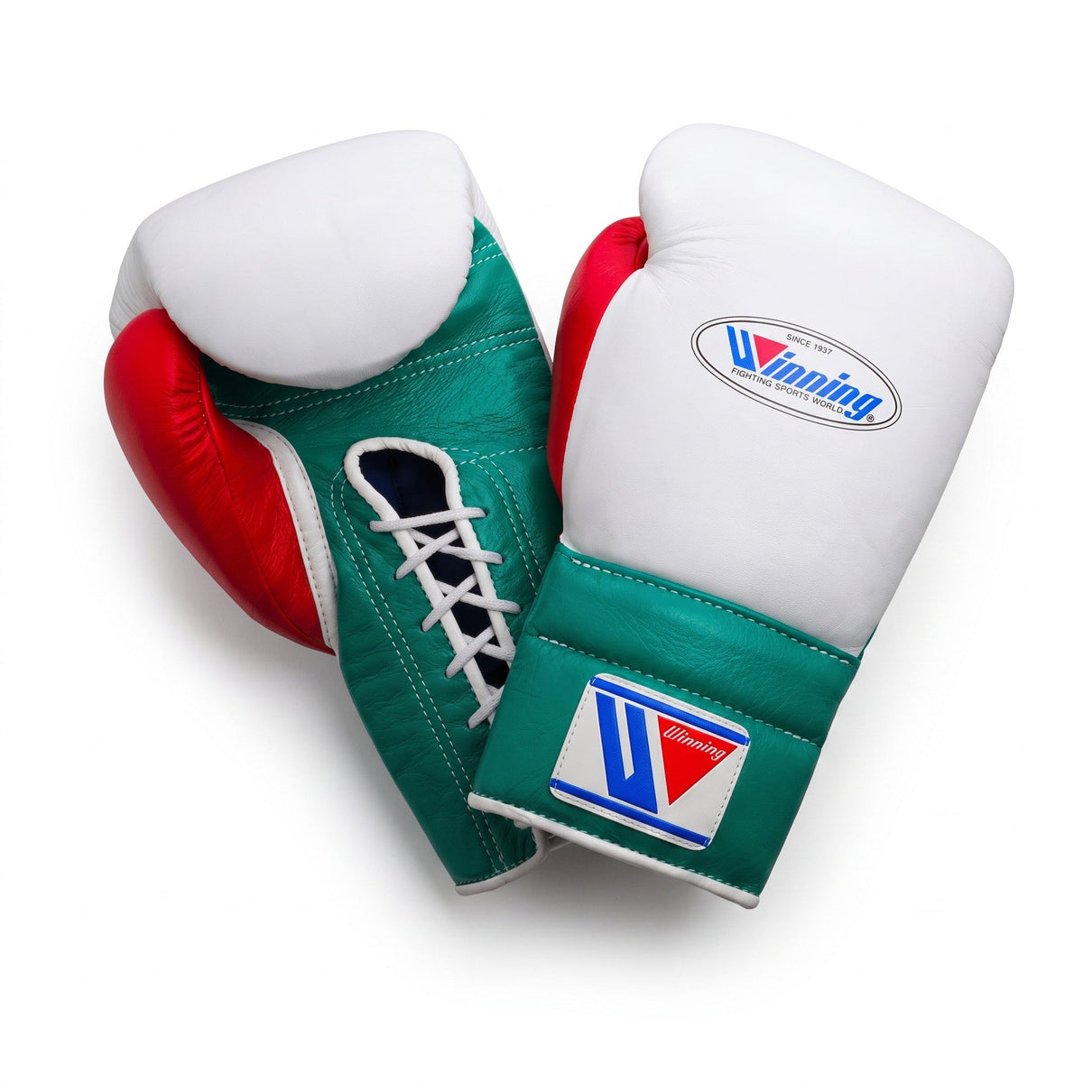 Winning lace-up boxing glove with white back, green cuff and red inner thumb in a tricolor layout