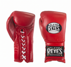 Pair of Cleto Reyes red lace-up boxing gloves with white laces and brand logo patches