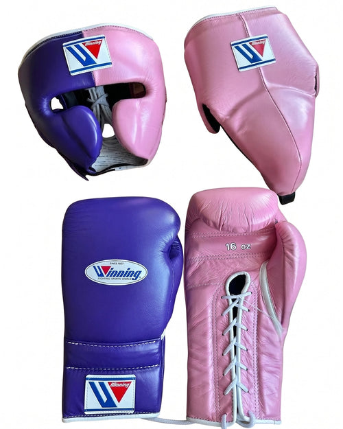 Winning purple and pink split boxing set with lace-up gloves, headgear and groin guard