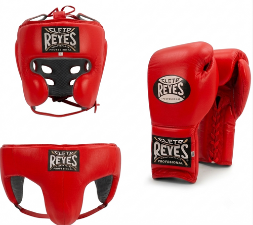 Cleto Reyes classic red boxing set with lace-up gloves, cheek-protector headgear and groin guard