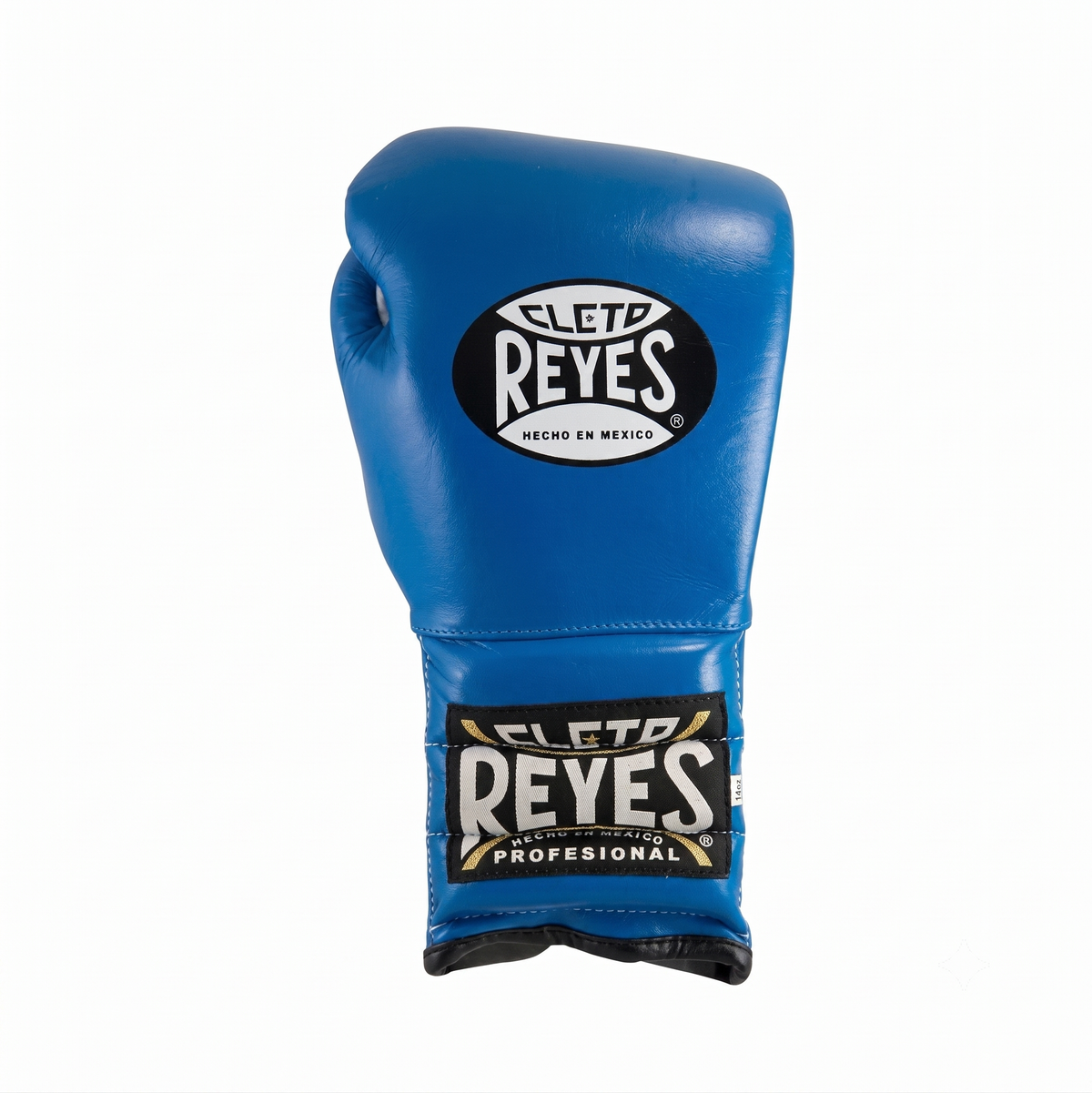 Single Cleto Reyes royal blue boxing glove with brand logo on the back of the hand and cuff