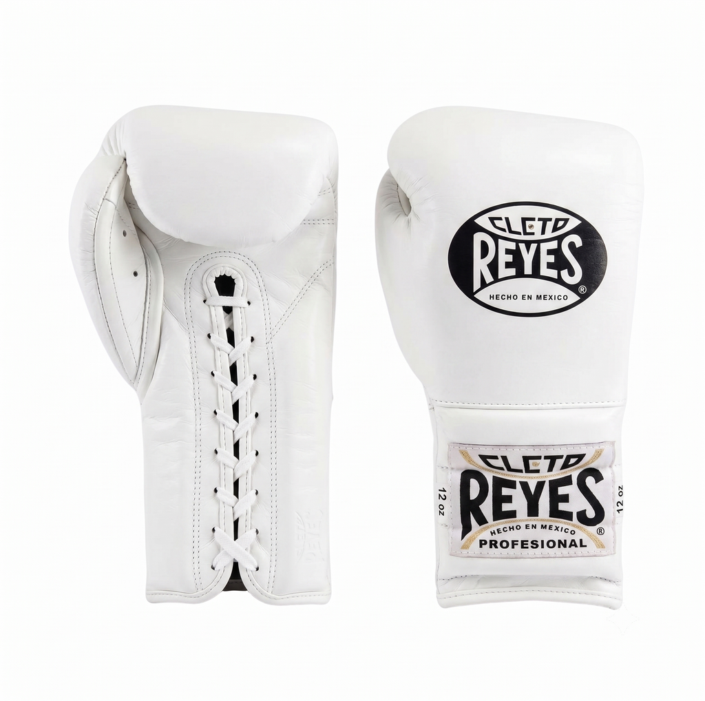 Pair of Cleto Reyes all-white lace-up boxing gloves with white laces, front and back view