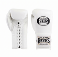 Pair of Cleto Reyes all-white lace-up boxing gloves with white laces, front and back view