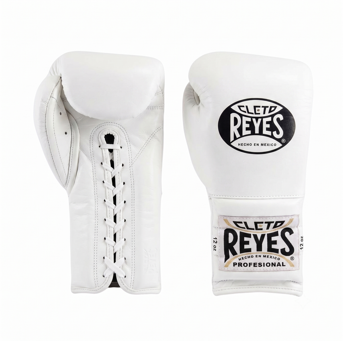 Pair of Cleto Reyes all-white lace-up boxing gloves with white laces, front and back view