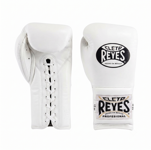Pair of Cleto Reyes all-white lace-up boxing gloves with white laces, front and back view