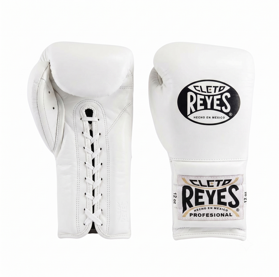 Pair of Cleto Reyes all-white lace-up boxing gloves with white laces, front and back view