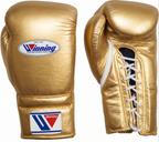 Winning MS-600 lace-up boxing glove in full metallic gold leather reflecting light across the back