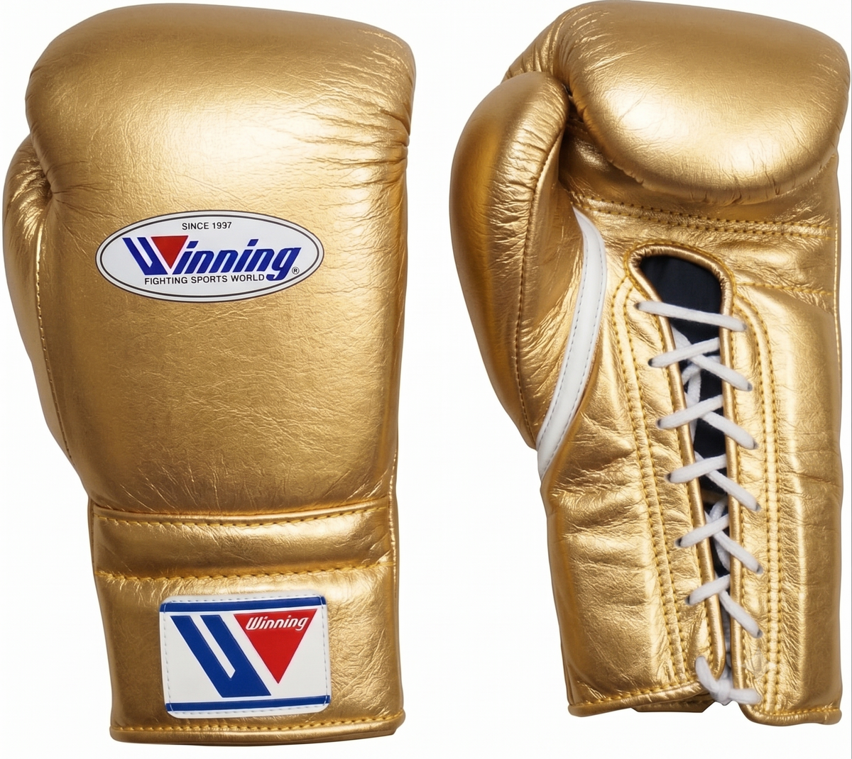 Winning MS-600 lace-up boxing glove in full metallic gold leather reflecting light across the back