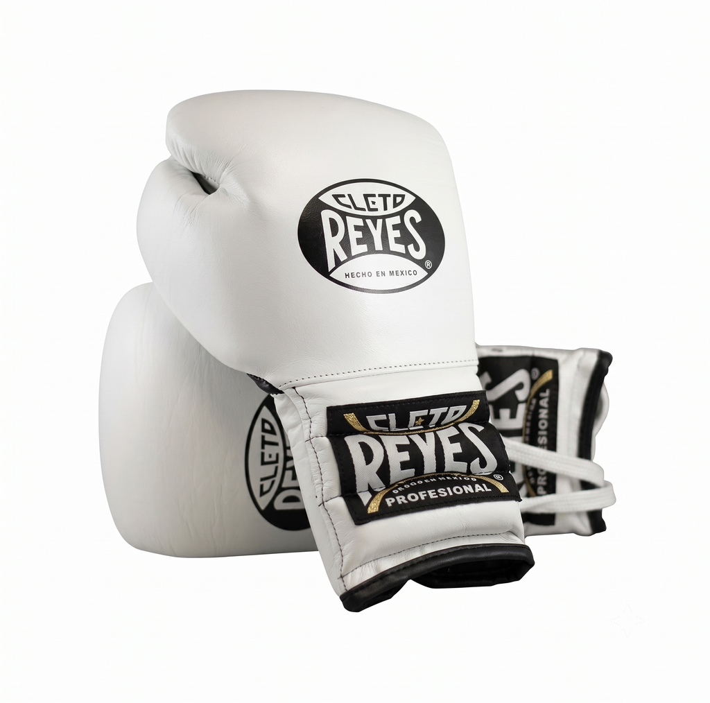 Cleto Reyes white leather boxing gloves side by side showing brand logo patches