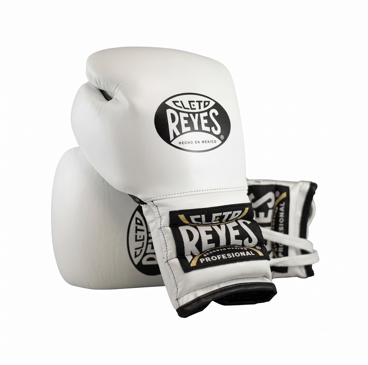 Cleto Reyes white leather boxing gloves side by side showing brand logo patches