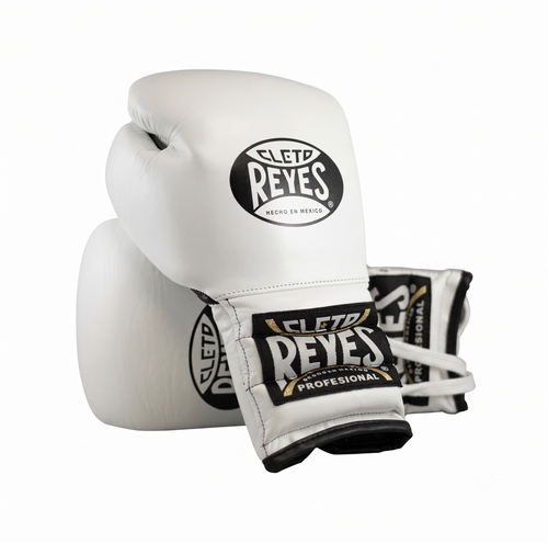 Cleto Reyes white leather boxing gloves side by side showing brand logo patches