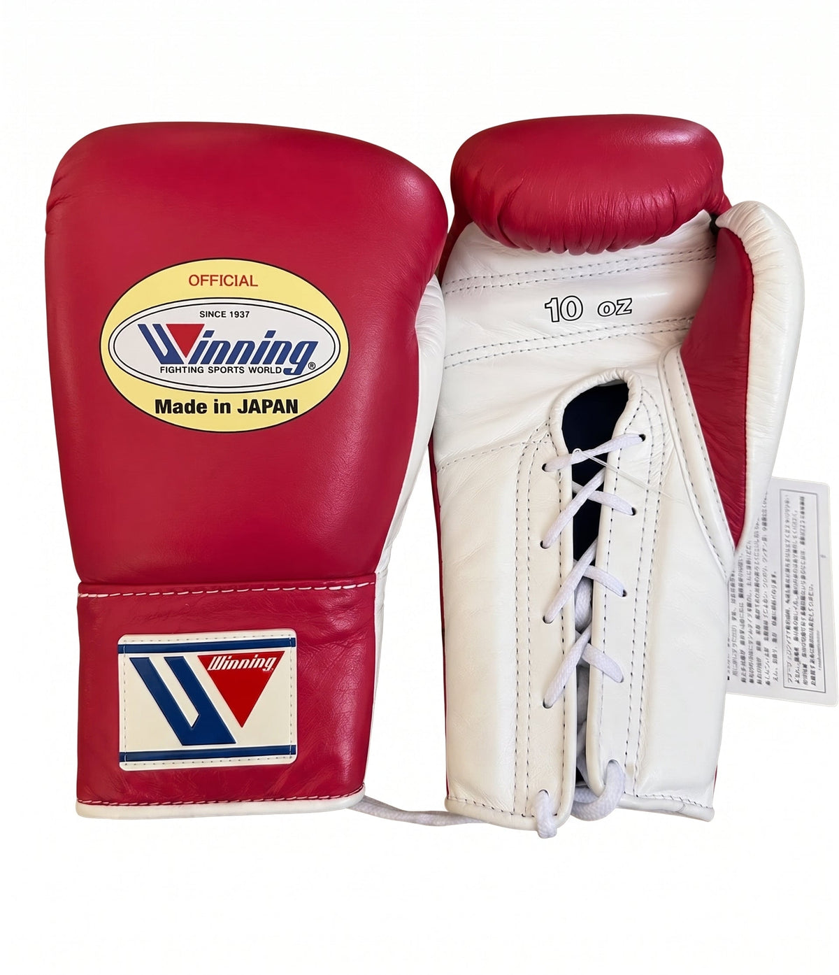Winning lace-up boxing glove with a wine red burgundy back and a clean white palm, laced at the wrist