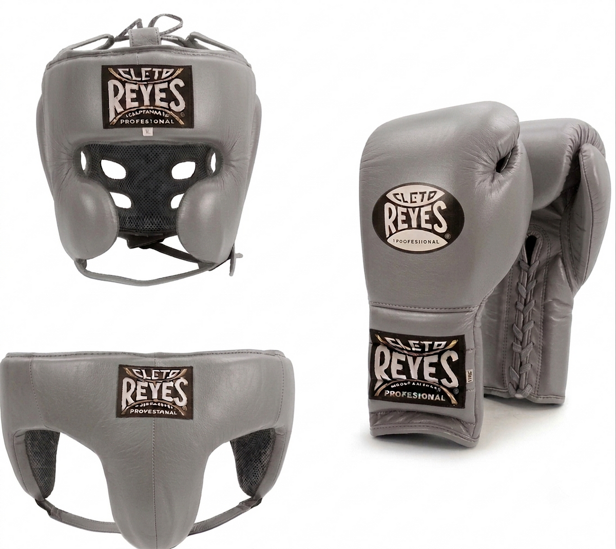 Cleto Reyes Pure Silver boxing set in light silver-gray with lace-up gloves, headgear and groin guard